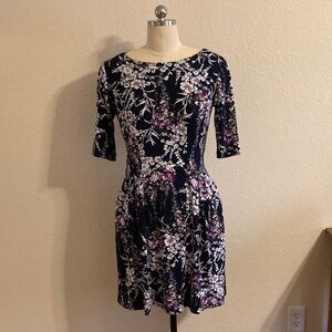 Roz & Ali Navy, Purple and Pink Dress with Elbow Length Sleeves